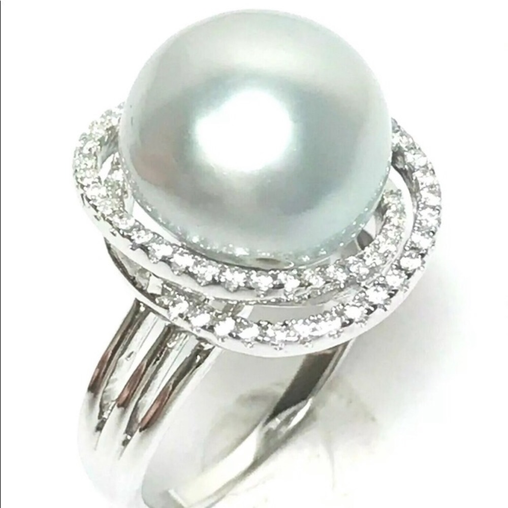 Silvery Gray Blue 12 mm Tahitian Round Pearl Ring